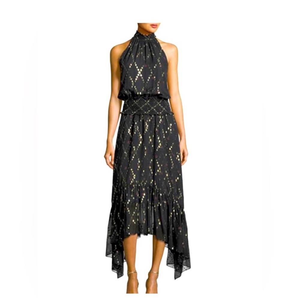 A.L.C. Easton Sleeveless Halter-Neck Long Chiffon silk Black Dress wMetallic Sz6